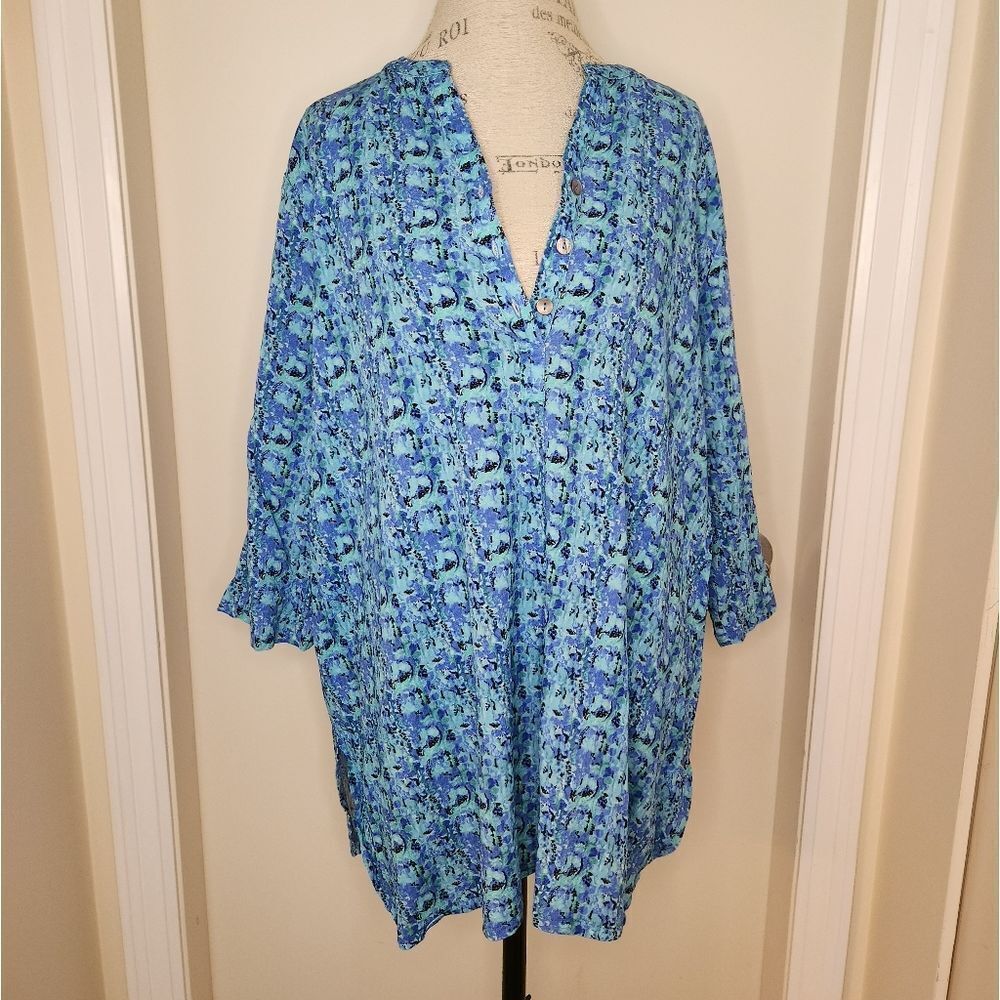 Blue Sky Abstract Linen Blouse Top
